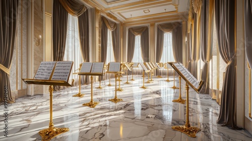 A regal music room with a marble floor, gold music stands, and velvet curtains The acoustically perfected space is ideal for intimate concerts and rehearsals photo