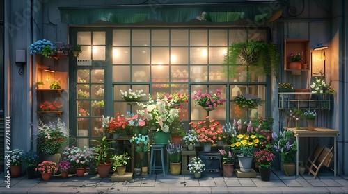 A vibrant flower shop with various colorful plants and blooms displayed outside.