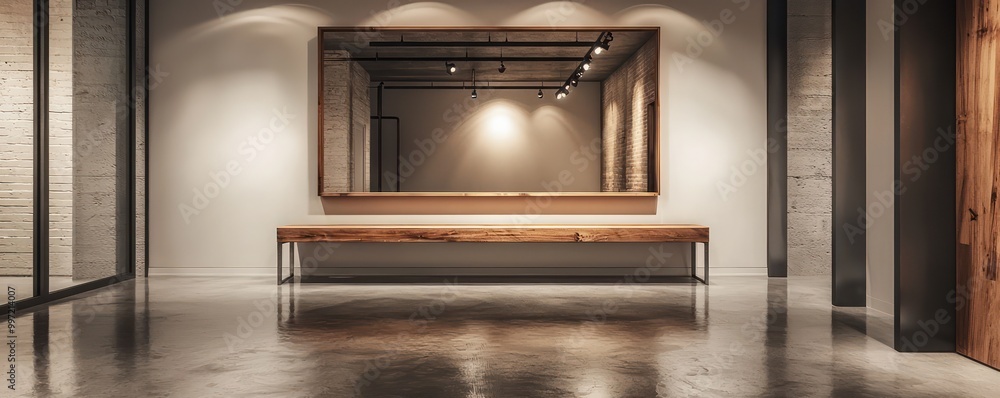 A sleek industrial entryway featuring a custom steel bench, a large wooden wall mirror, and polished concrete flooring reflecting minimalist track lighting A sleek industrial entryway featuring a custom steel bench, a large wooden wall mirror, and polished concrete flooring reflecting minimalist track lighting