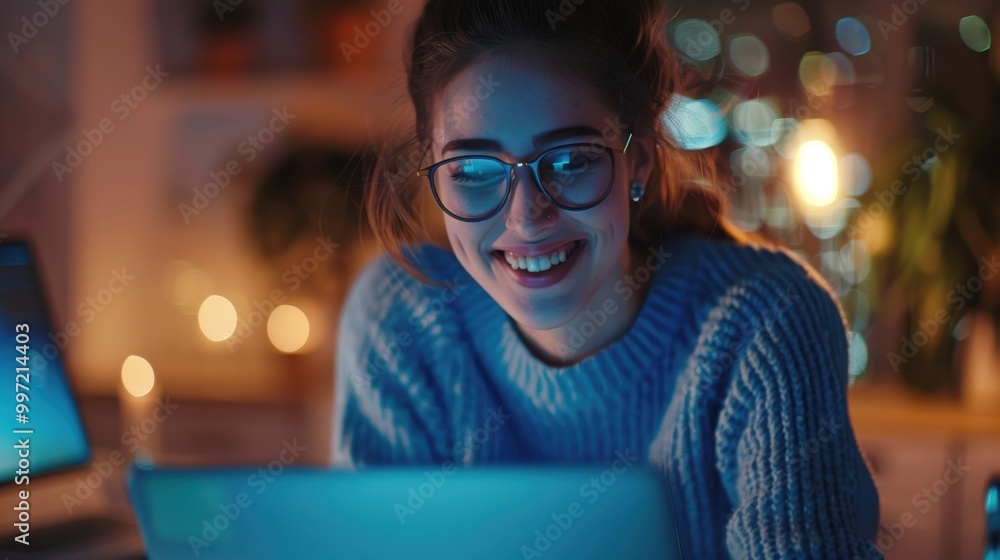 Business woman with a laptop and calculator working on financial tasks at night, smiling and focused on bookkeeping and budgeting Business woman with a laptop and calculator working on financial tasks at night, smiling and focused on bookkeeping and budgeting