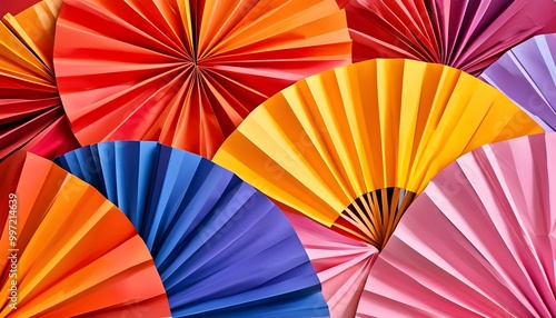 Vibrant Paper Fan Displaying a Spectrum of Red, Orange, Yellow, Pink, and Purple Hues Celebrating Creativity and Color Theory