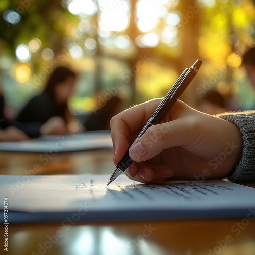 Close-up of student hand writing on paper in an exam room, educational concept