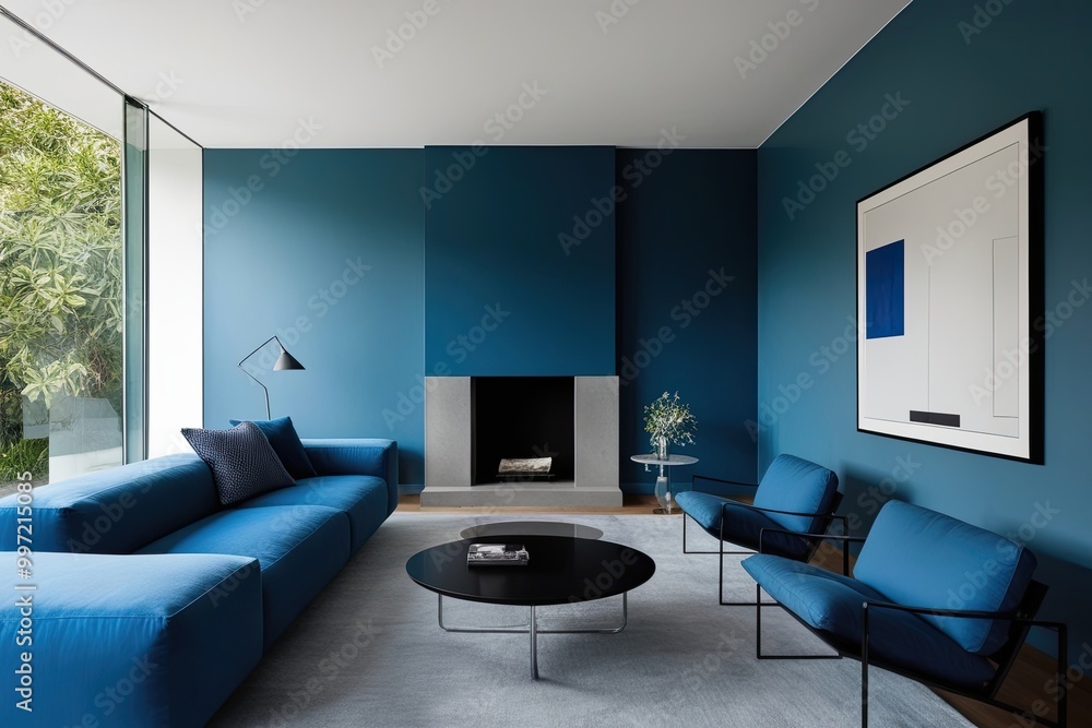 Fototapeta premium Stunning Minimalist Den Design Featuring Azure Walls and Modern Furniture