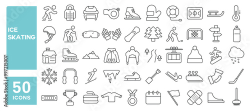 Set of 50 line icons related to ice skating, skate, winter, hockey, activity, gliding, board, ski, snow, stick, sport, slalom, athlete, Editable stroke. Vector illustration