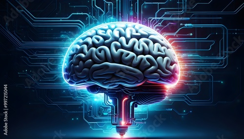 ai brain connected with digital circuits on a futuristic blue background