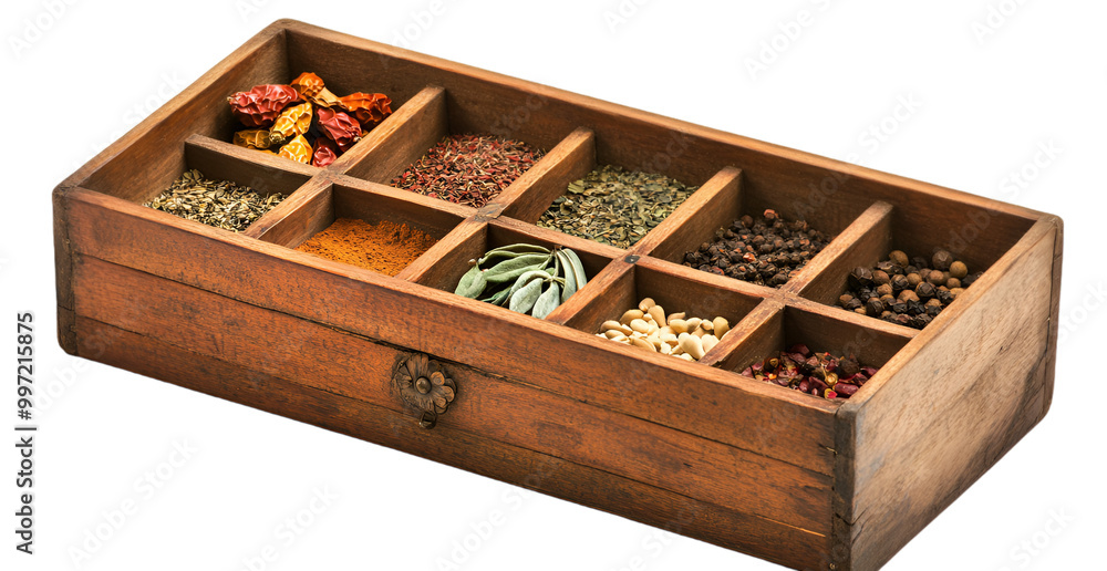 a wooden box with different spices
a wooden box with different spices