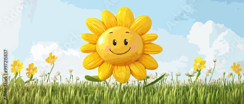 Whimsical Smiling Sunflower in a Floral Setting