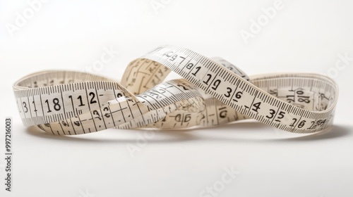 A coiled waist measuring tape is displayed, featuring clearly marked numbers that aid in precise measurement. Its circular form emphasizes the details of the scale photo