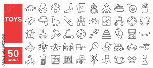 Set of 50 line icons related to toys, game, doll, puzzle, ball, train, bike, robot, dino, helicopter, sword, rocket, castle, Editable stroke. Vector illustration