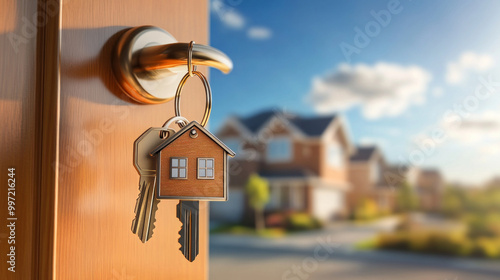 House shaped keys hanging on door handle of residential home