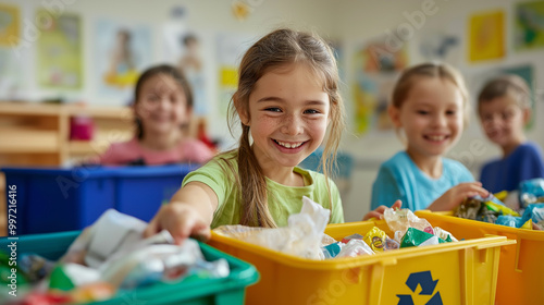 Wallpaper Mural Happy girl participating in a recycling activity at school, sorting materials into colorful bins, learning about sustainability and environmental responsibility in a fun way. Torontodigital.ca