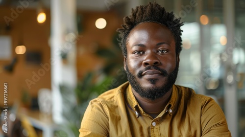 Portrait of a happy professional man in an office setting, representing a creative worker or entrepreneur in a startup environment