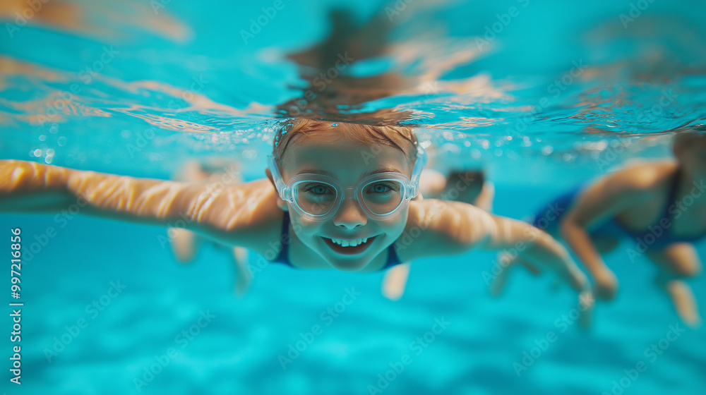 Fototapeta premium Child swimming underwater with goggles, smiling at the camera, feeling confident and playful while exploring the water during a swim class.