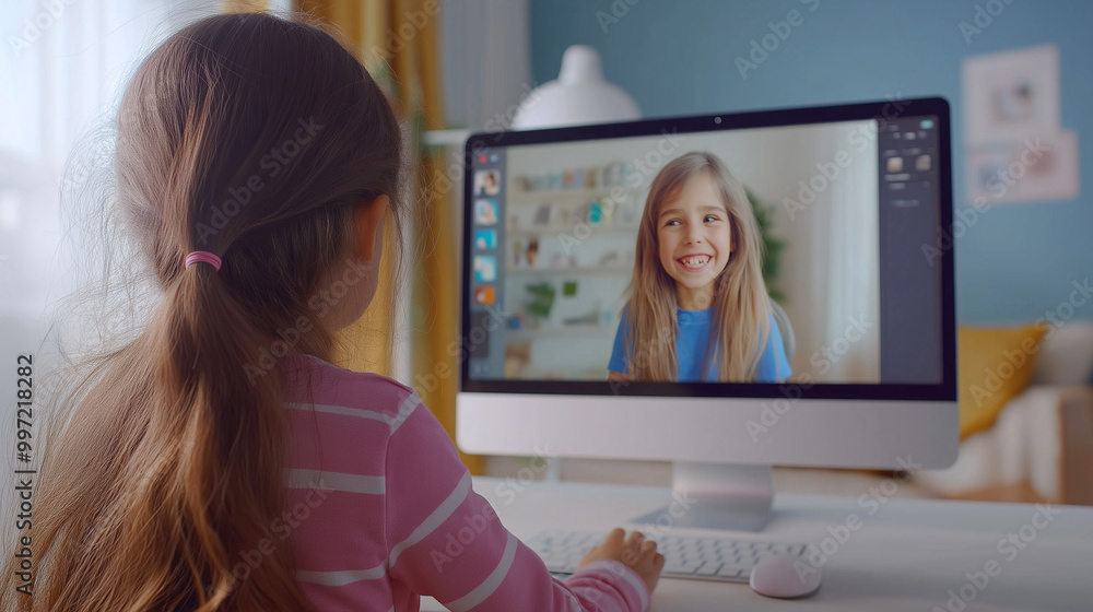 Little girl having a video call with her friend, smiling as they chat ...