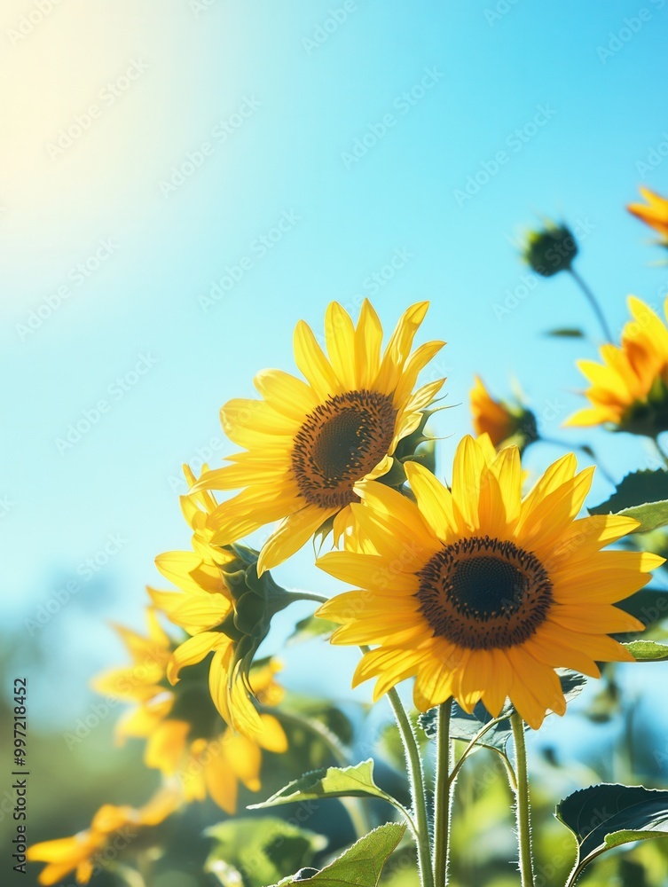 Fototapeta premium Bright sunflowers thrive under warm sunlight, creating a joyful atmosphere with a stunning blue sky as the backdrop. Generative AI