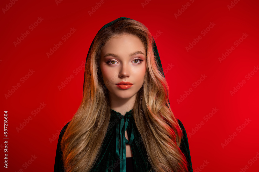 Photo of gorgeous stunning girl in dark wizard costume dress for halloween party look over red background Photo of gorgeous stunning girl in dark wizard costume dress for halloween party look over red background