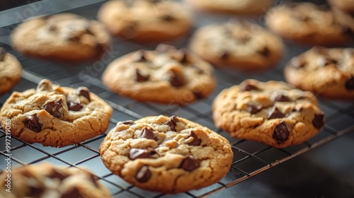 Close-up of freshly baked chocolate chip cookies cooling on a wire rack.