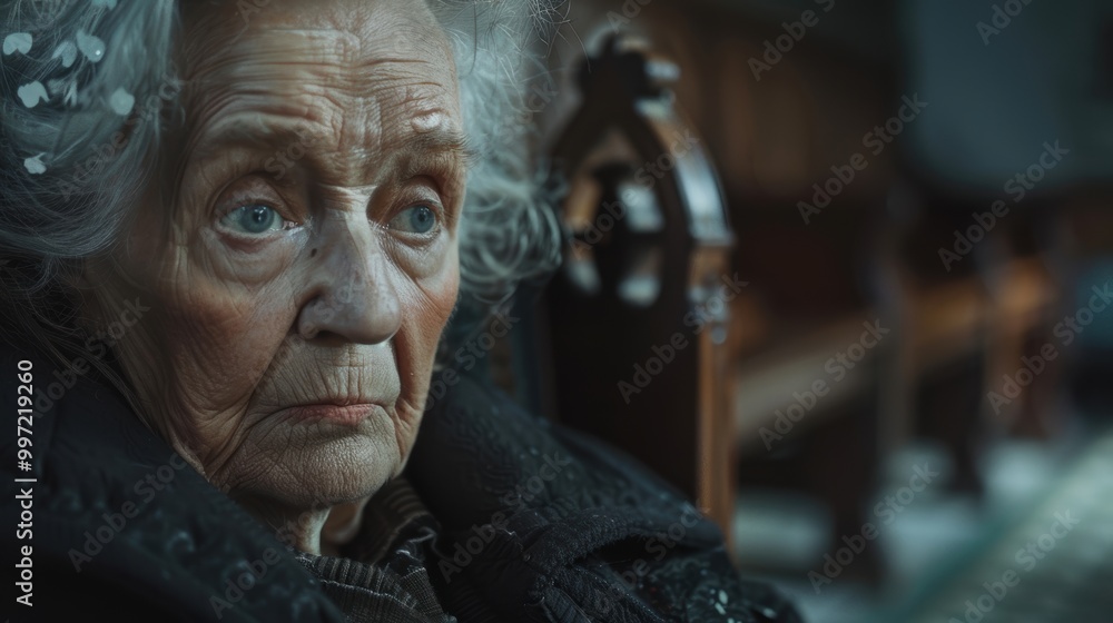 Somber scene at a chapel featuring an elderly woman and a wheelchair user, highlighting themes of mourning, grief, and support during a burial ceremony Somber scene at a chapel featuring an elderly woman and a wheelchair user, highlighting themes of mourning, grief, and support during a burial ceremony