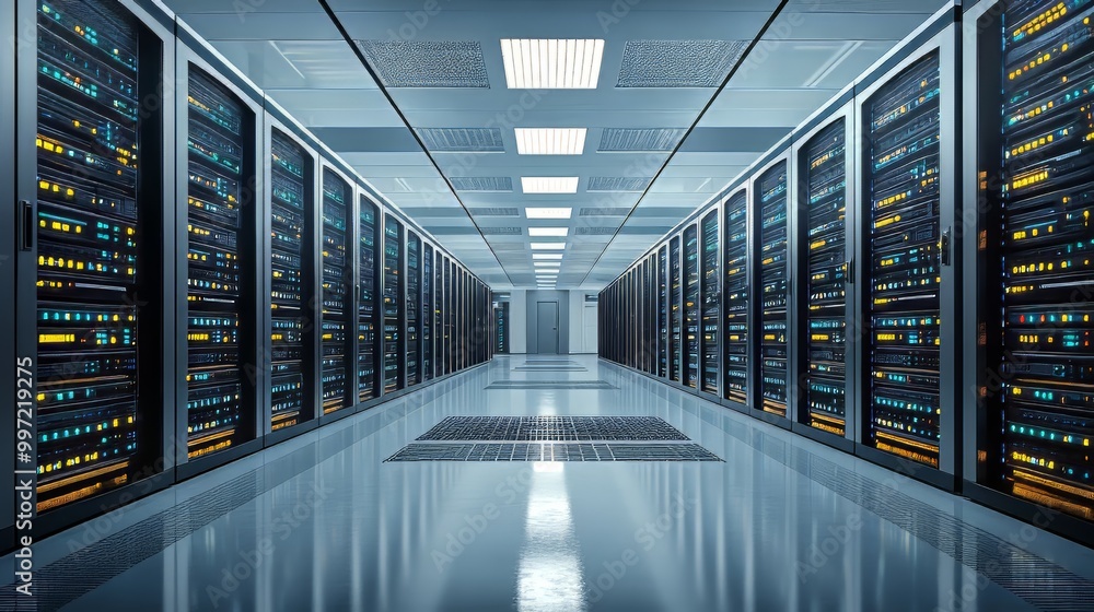Fototapeta premium Data infrastructure network server room with organized computer equipment. data migration. Ultra realistic. Photorealistic