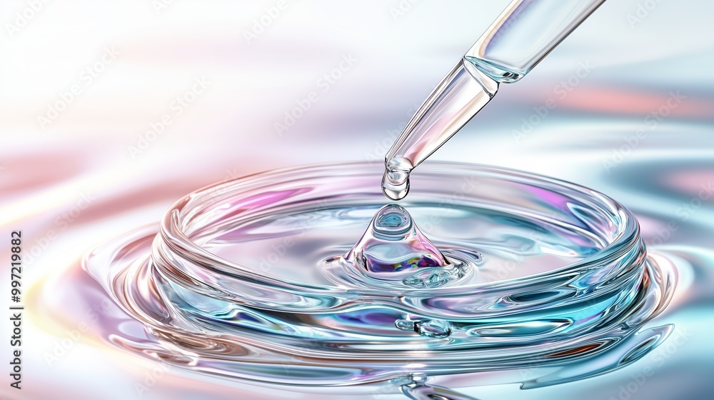 Dropper Dropping Liquid Serum in Glass Dish on Iridescent Background Dropper Dropping Liquid Serum in Glass Dish on Iridescent Background
