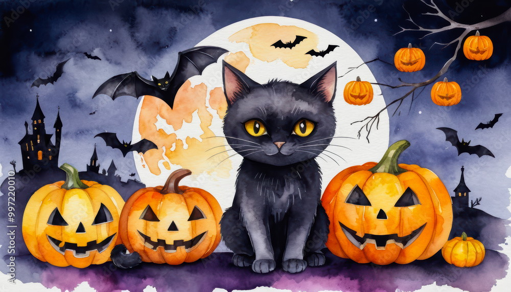 Black cat and jack-o'-lantern pumpkins with bats and Halloween decorations. Watercolor illustration with Happy Halloween text. Halloween celebration. Design for greeting card, poster, invitation Black cat and jack-o'-lantern pumpkins with bats and Halloween decorations. Watercolor illustration with Happy Halloween text. Halloween celebration. Design for greeting card, poster, invitation