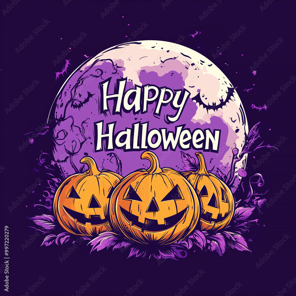 Happy Halloween Illustration With Pumpkins and Bats Happy Halloween Illustration With Pumpkins and Bats