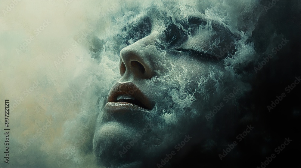 Dreamy Abstract Portrait: Woman's Face Emerging from Clouds Dreamy Abstract Portrait: Woman's Face Emerging from Clouds