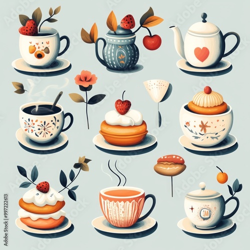 Collection of cute teacups, teapot, pastries, and flowers with a vintage design.