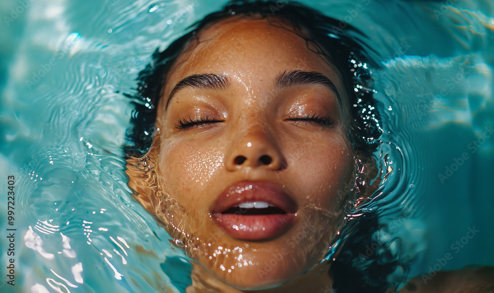 Close-up portrait of a woman's face half-submerged in clear water clear, eyes closed
Close-up portrait of a woman's face half-submerged in clear water clear, eyes closed