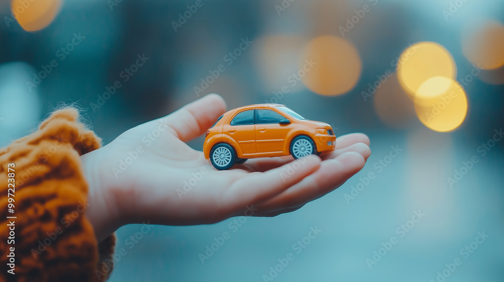 Child’s hand holding a small toy car, symbolizing imagination, play, and the joy of childhood, with a dreamy background of soft lights.