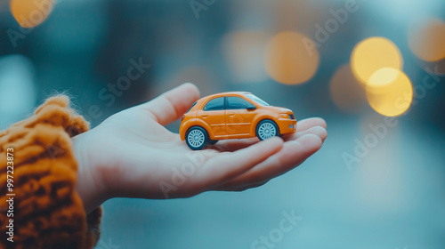 Obraz na płótnie Child’s hand holding a small toy car, symbolizing imagination, play, and the joy of childhood, with a dreamy background of soft lights. w salonie