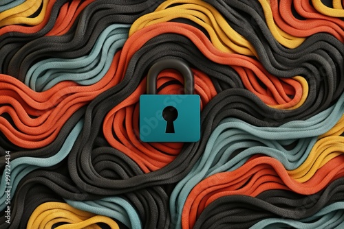 Red lock centered in abstract wavy lines symbolizing encryption data security and online privacy in a modern fluid design