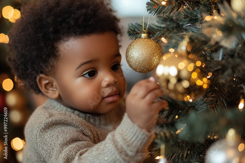 Cute little African American toddler with curly hair looks Christmas tree with golden balls in living room at home, kid happy about new year