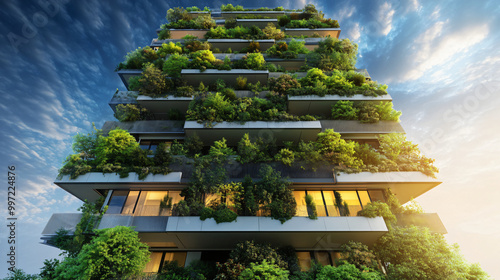 An image of a sustainable building with energy-efficient design and green technology features. photo