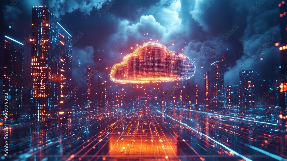 Obraz premium Dynamic visual of multi-cloud data management and governance with cloud storage transfer. data migration. Ultra realistic. Photorealistic