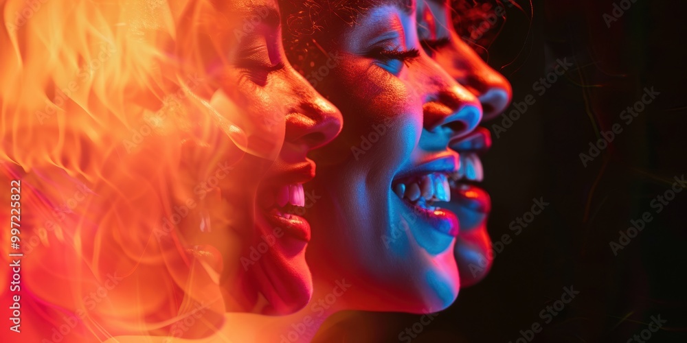 Artistic double exposure portrait of a smiling woman against a dark backdrop, showcasing beauty, cosmetics, and a glowing aesthetic, with a joyful and confident expression Artistic double exposure portrait of a smiling woman against a dark backdrop, showcasing beauty, cosmetics, and a glowing aesthetic, with a joyful and confident expression