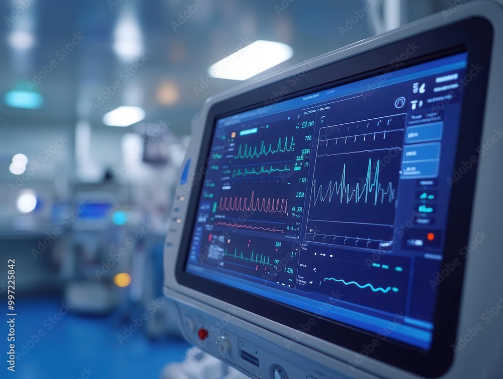 Healthcare technology being used to monitor a patient s vitals, tech-savvy style, sharp focus, bright lighting Healthcare technology being used to monitor a patient s vitals, tech-savvy style, sharp focus, bright lighting