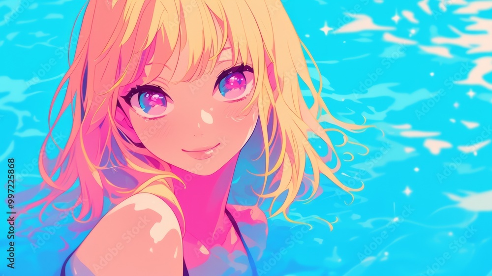 A cute girl with blonde hair and purple eyes is smiling joyfully while playing in the pool, surrounded by soft pastel colors of blue and pink, creating a dreamy and playful atmosphere. A cute girl with blonde hair and purple eyes is smiling joyfully while playing in the pool, surrounded by soft pastel colors of blue and pink, creating a dreamy and playful atmosphere.