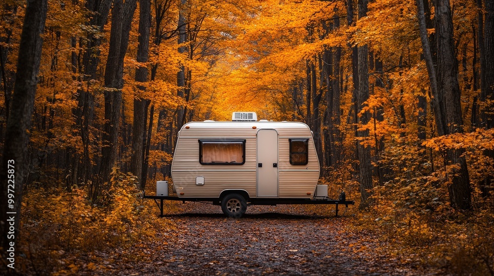 Travel trailer parked in an autumn forest surrounded by orange and yellow leaves Travel trailer parked in an autumn forest surrounded by orange and yellow leaves