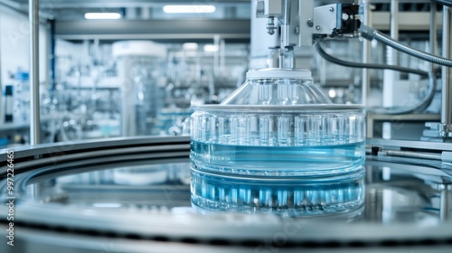 A bioreactor is seen in a sterile laboratory, filled with a vibrant liquid used for microbial fermentation. The clean environment supports advanced scientific research