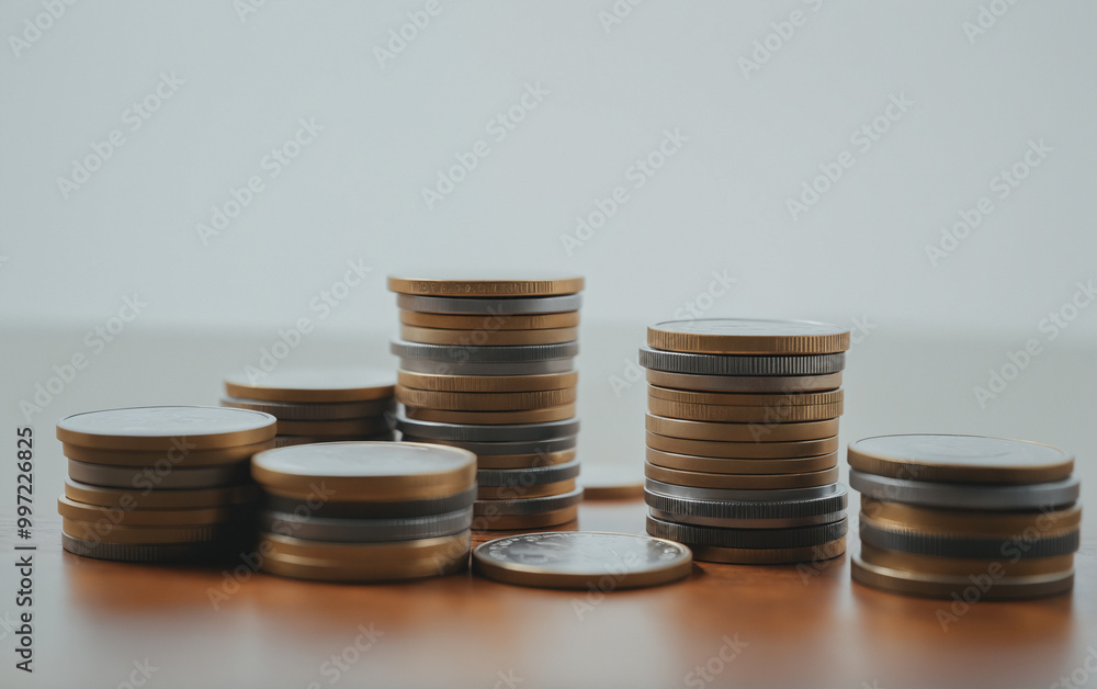 Stack of metal coins on wooden tabletop in minimalist style. Stack of metal coins on wooden tabletop in minimalist style.
