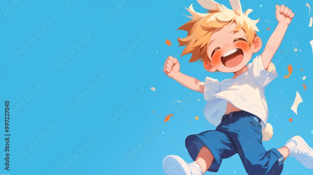 Cute Little Blonde Boy Jumping and Laughing on a sky
Background Cute Little Blonde Boy Jumping and Laughing on a sky
Background