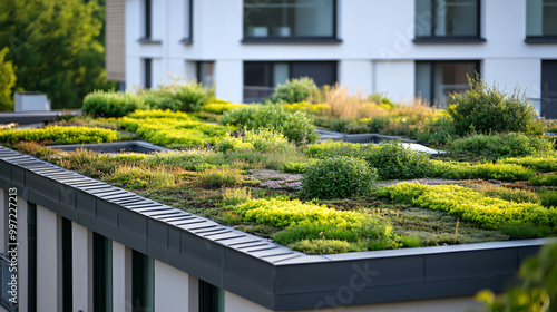 An image of a green roof on an urban building contributing to sustainability and environmental benefits.