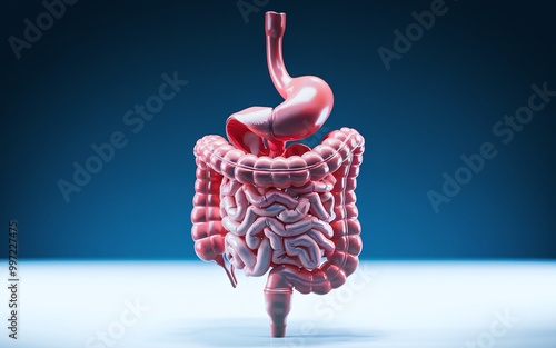 3D model of the human digestive system on blue background. photo