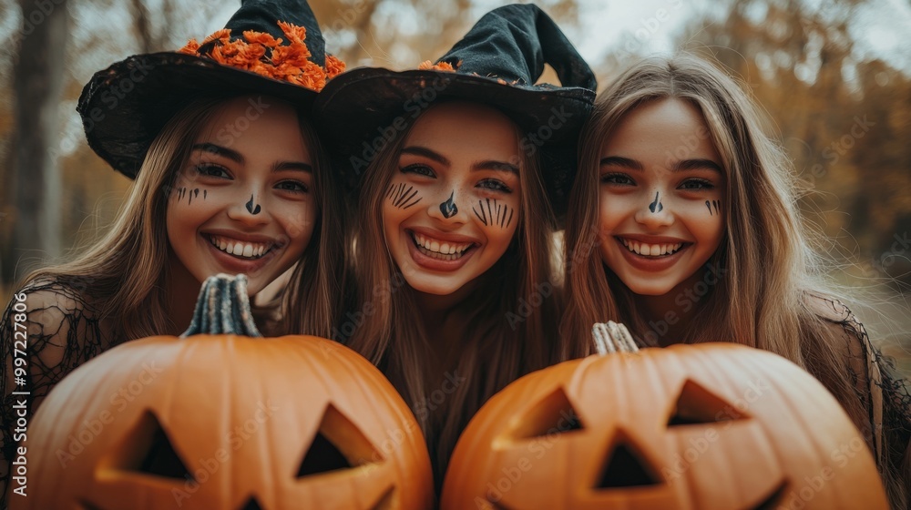 Girls Celebrating Halloween with Pumpkins and Costumes Girls Celebrating Halloween with Pumpkins and Costumes