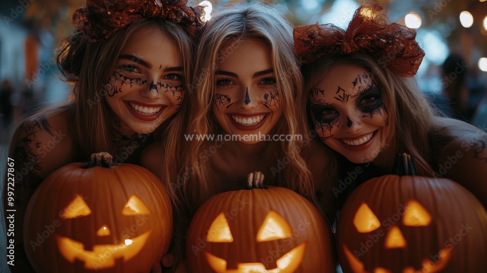 Girls Celebrating Halloween with Pumpkins and Costumes Girls Celebrating Halloween with Pumpkins and Costumes