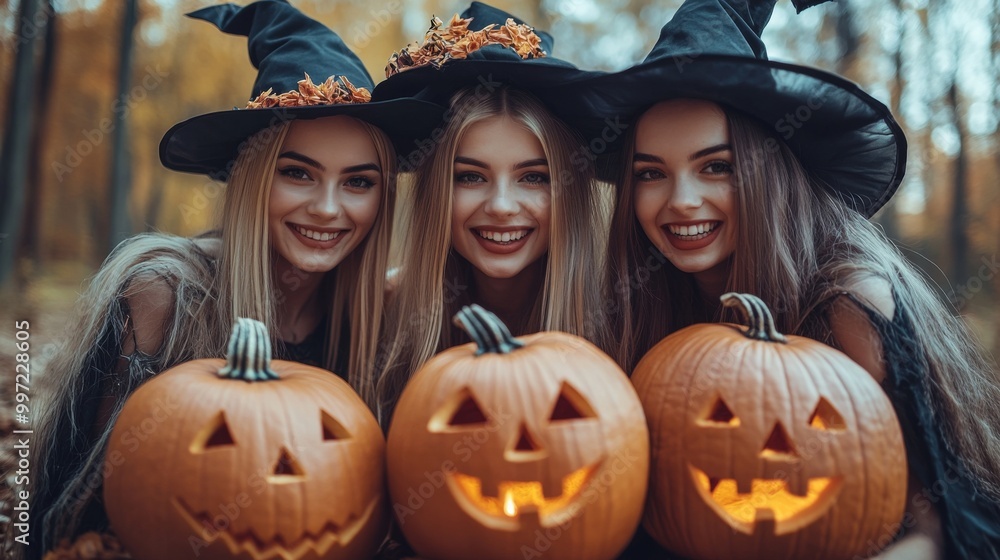 Girls Celebrating Halloween with Pumpkins and Costumes Girls Celebrating Halloween with Pumpkins and Costumes