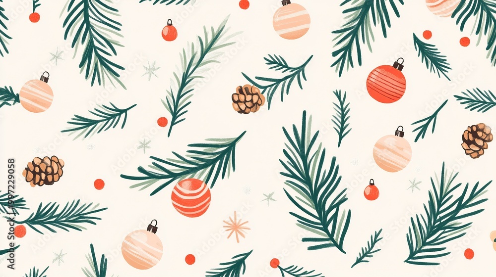 Fototapeta premium Festive holiday pattern with ornaments and pine.