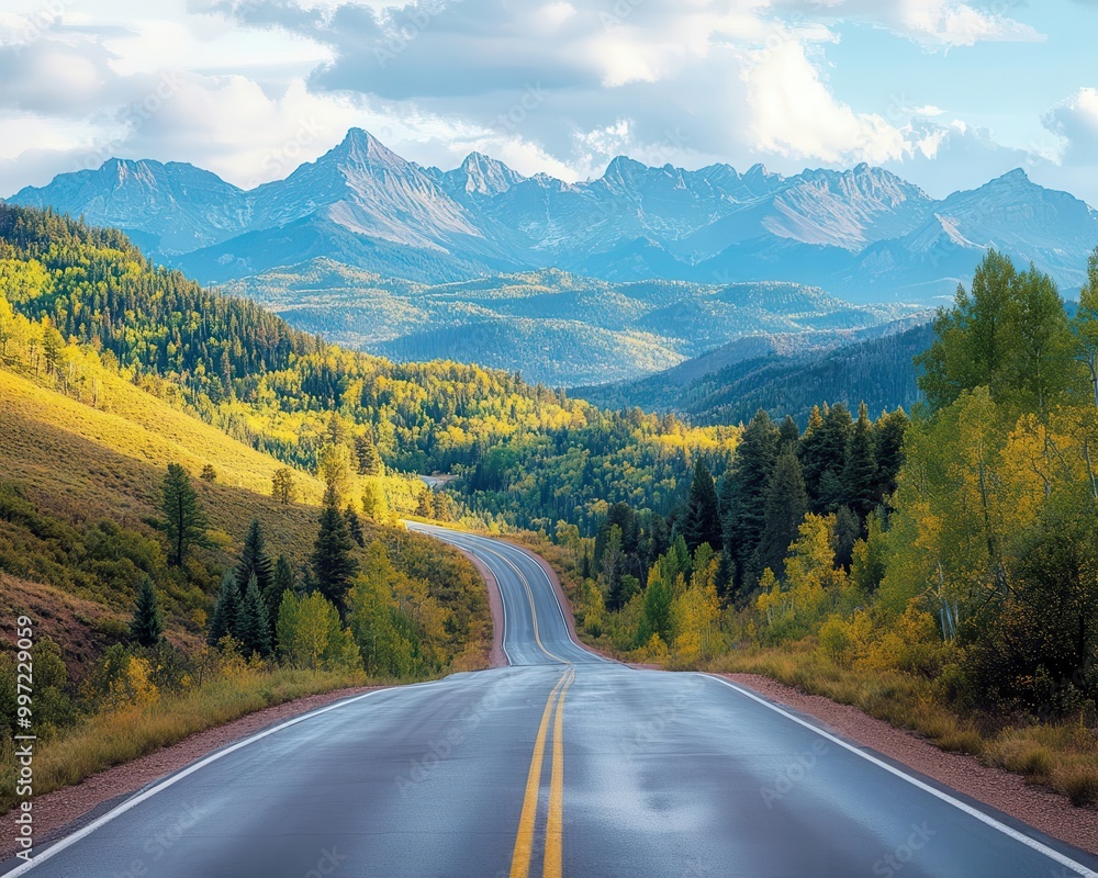 Fototapeta premium Scenic drive through winding roads with mountains in the distance, natural landscape, sharp focus, vibrant colors