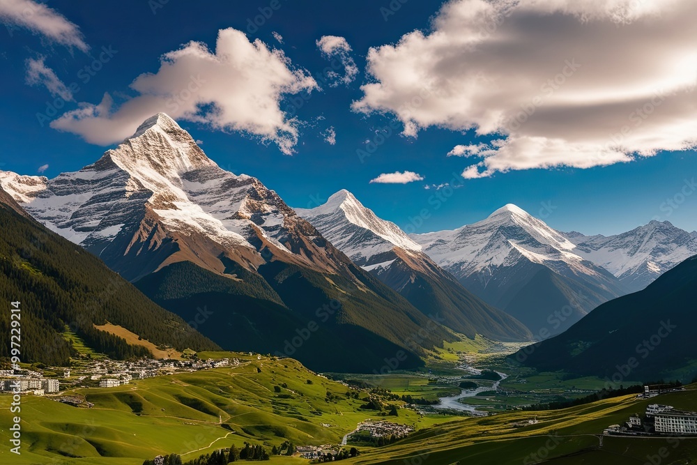 Fototapeta premium Breathtaking Views of Snowy Mountain Peaks and Lush Green Valleys